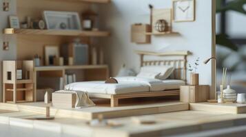 A miniature bedroom with a bed and a desk photo