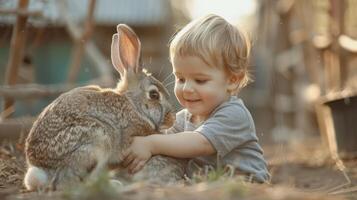 A young child is petting a rabbit photo