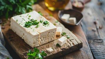 A piece of tofu on a wooden cutting board photo