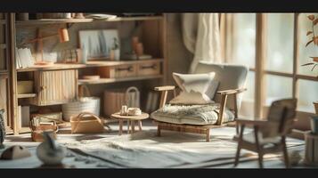 A miniature living room with a chair, table and other items photo