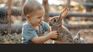 A baby is petting a rabbit in the grass photo
