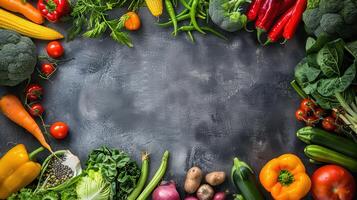 Fresh vegetables and fruits on a black background photo