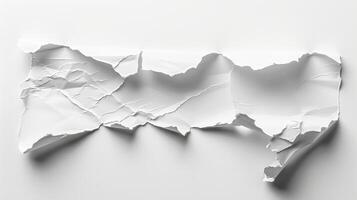 A piece of torn paper is shown on a white surface photo