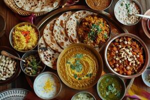 Indian food is served on a wooden table photo