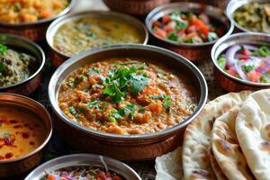 A variety of different types of food in metal bowls photo