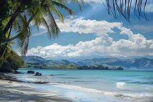 A tropical beach with palm trees and mountains photo