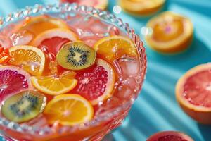 A glass of orange juice with sliced kiwi and grapefruit photo