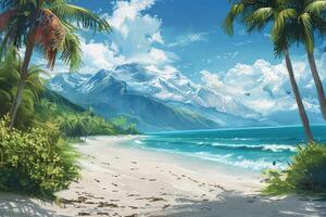 A painting of a tropical beach with palm trees photo