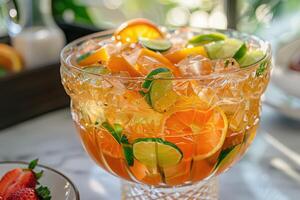 A glass bowl filled with orange juice and fruit photo