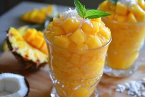 Two glasses of mango smoothie with coconut and mint photo