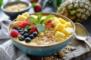 A bowl of fruit and granola photo