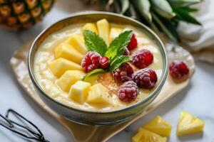 Pineapple smoothie bowl with fresh pineapple, raspberries and mint photo