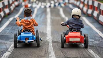 Two children riding on toy cars on a track photo