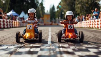 Two children riding on small race cars on a track photo