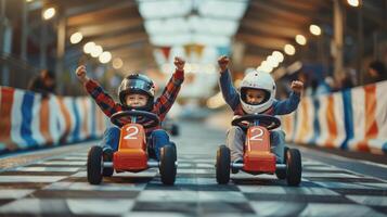 Two children in helmets riding on a race track photo