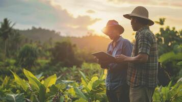 Two men in hats standing in a field with a tablet photo