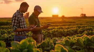 Two men in a field looking at a tablet photo