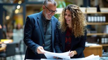 Two people looking at paperwork in an office photo