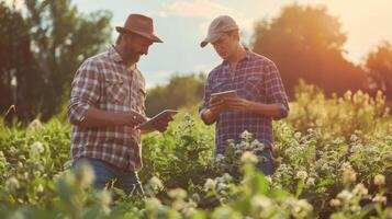 Two men in a field with a tablet photo