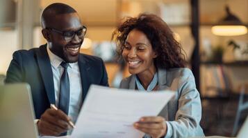 A young african american couple working together on a document photo