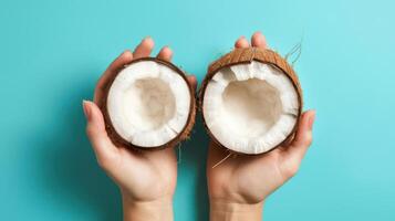 Two hands holding a coconut half open on a blue background photo