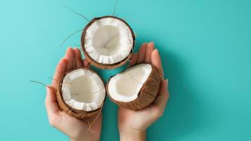 Two hands holding coconut halves on a blue background photo