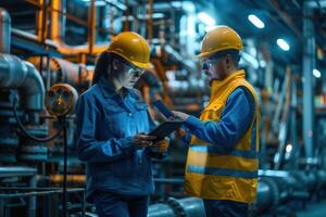Two workers in hard hats standing in front of pipes photo