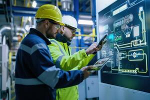 Two men in hard hats looking at a computer screen photo