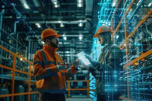 Two men in hard hats standing in front of a computer screen photo