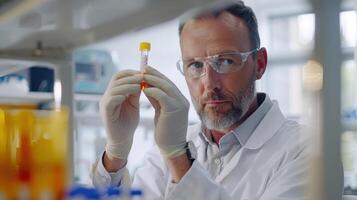 A man in a lab coat holding a test tube photo