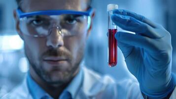 A man in a lab coat holding a test tube photo