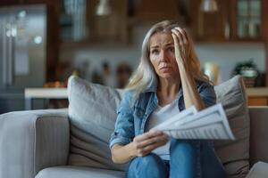 A woman sitting on a couch with her head in her hands photo