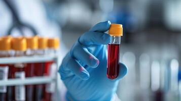 A person in a lab coat holding a blood sample photo
