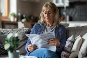 A woman is sitting on a couch reading a paper photo