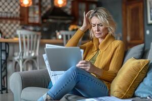A woman sitting on a couch with her head in her hands and looking at her tablet photo