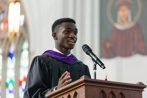 A young man in a graduation gown giving a speech photo