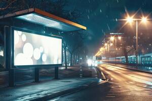 A bus stop with a billboard on the side of the road photo