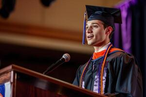 A man in a graduation gown giving a speech photo