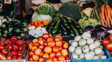 A variety of vegetables and fruits are displayed in a market photo