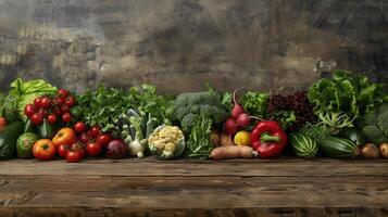A row of fresh vegetables on a wooden table photo