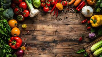 Fresh vegetables on wooden table with copy space photo