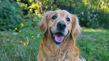 A golden retriever is sitting in the grass photo
