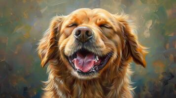 A painting of a golden retriever with its mouth open photo