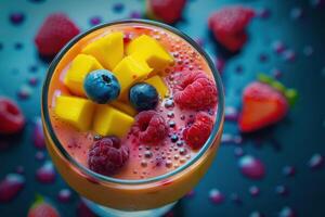 A glass of smoothie with berries and fruit photo