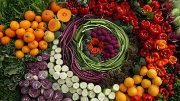 A circular arrangement of vegetables and fruits photo