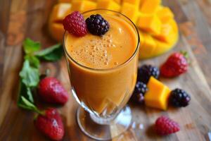 A smoothie with berries and fruit on a table photo