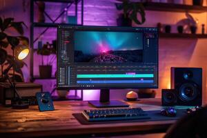 A computer screen with a keyboard and mouse on it photo
