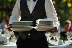 A waiter carrying plates at a wedding reception photo