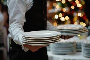 A waiter is holding plates at a wedding reception photo
