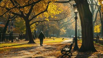 A person walking down a path in the fall photo